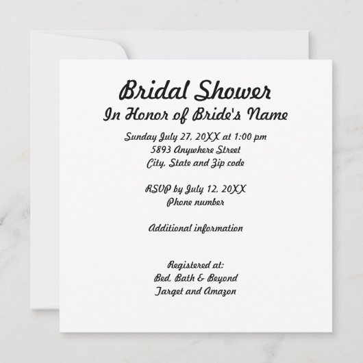 黒ダマスクと白の背景ブライダルシャワーInv 招待状 (裏面)