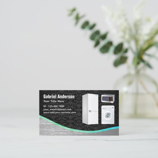 黒ダマスクスチール製家電製品修理 名刺 (スタンド正面)