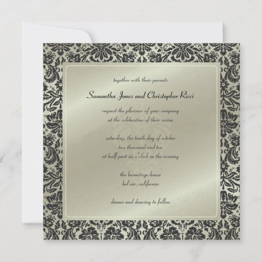 黒ダマスク/銀色のフェイク結婚式招待状 招待状 (裏面)
