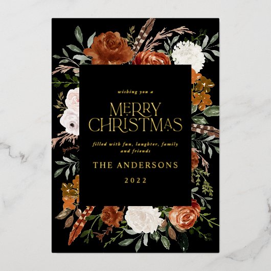 黒テラコッタ フラワー ボタニカル エレガント スクリプト h 箔シーズンカード (正面)