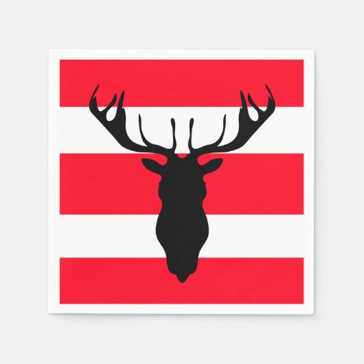 黒トナカイのシルエット赤い白ストライプ色 スタンダードカクテルナプキン (正面)