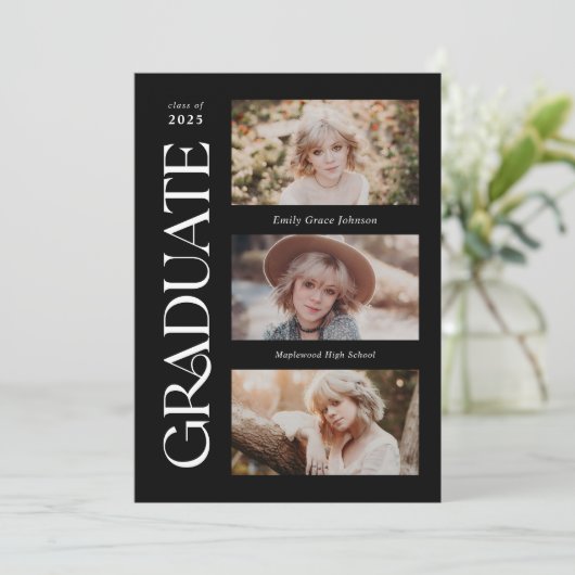 黒トレンディーセリフ複数写真の卒業 案内状 (スタンド正面)
