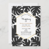 黒トロピカルリーフ ホワイト&ゴールド シックウェディング 招待状 (正面)