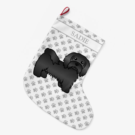 黒ハバナかわいい漫画の犬と名前 ラージクリスマスストッキング (正面 (吊り時))