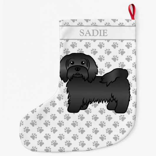 黒ハバナかわいい漫画の犬と名前 ラージクリスマスストッキング (裏面)