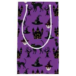 黒ハロウィーンの城の帽子と紫スカル スモールペーパーバッグ