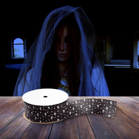 黒ハロウィーンスカル眼球骨パターン グログランリボン