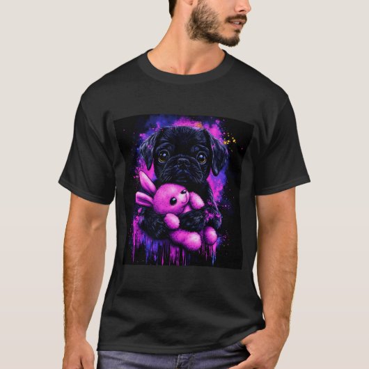 黒パグのぬいぐるみ ラブ Tシャツ (正面)