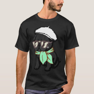 黒パグの子犬の緑のマフラー ピクセルアート Tシャツ