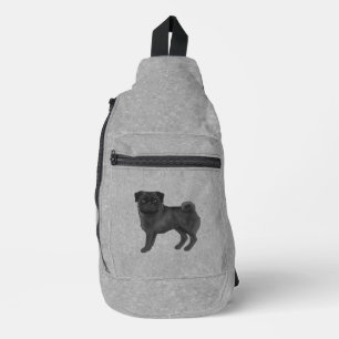 黒パグ犬のキャラクターイラスト グレー スリングバッグ