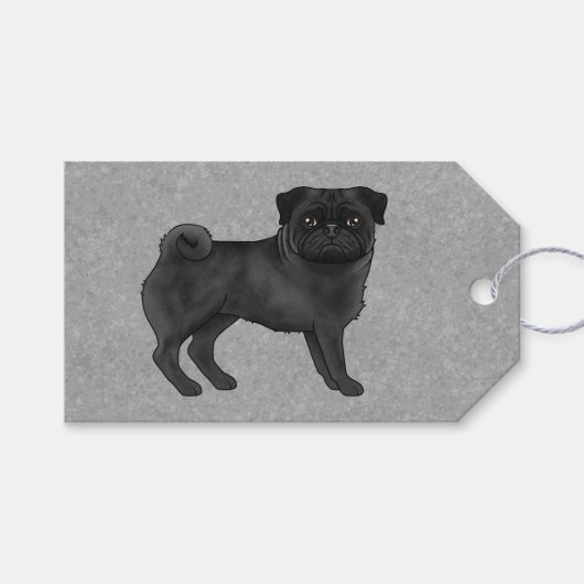 黒パグ犬の可愛いキャラクターイラスト グレー ギフトタグ (正面(横))