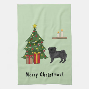 黒パグ かわいい カートゥーン 犬 と クリスマスツリー キッチンタオル