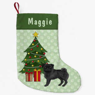 黒パグ かわいい カートゥーン 犬 と クリスマスツリー スモールクリスマスストッキング