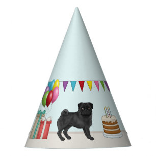 黒パグ かわいい カートゥーン 犬 カラフル 誕生日 パーティーハット