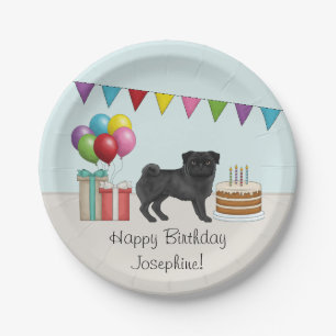 黒パグ かわいい カートゥーン 犬 カラフル 誕生日 ペーパープレート