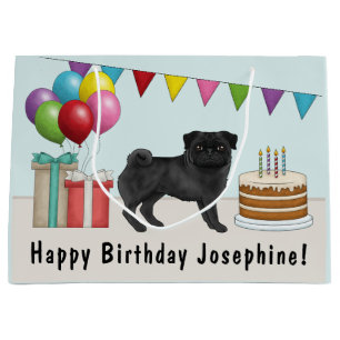 黒パグ かわいい カートゥーン 犬 カラフル 誕生日 ラージペーパーバッグ