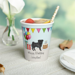 黒パグ かわいい カートゥーン 犬 カラフル 誕生日 紙コップ