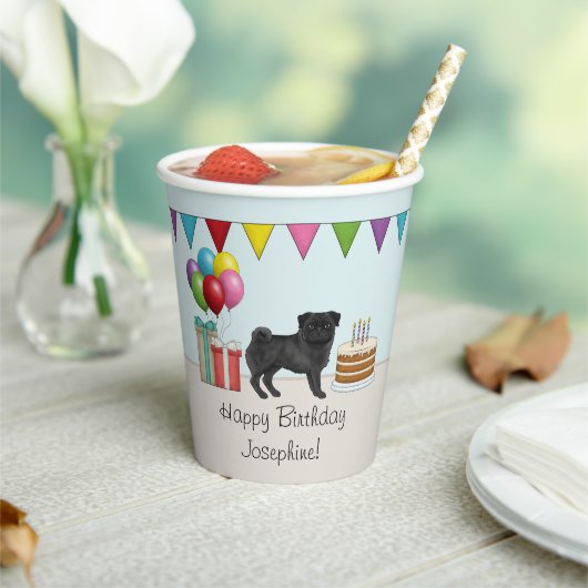 黒パグ かわいい カートゥーン 犬 カラフル 誕生日 紙コップ (インサイチュ)