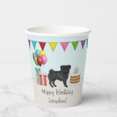 黒パグ かわいい カートゥーン 犬 カラフル 誕生日 紙コップ (正面)