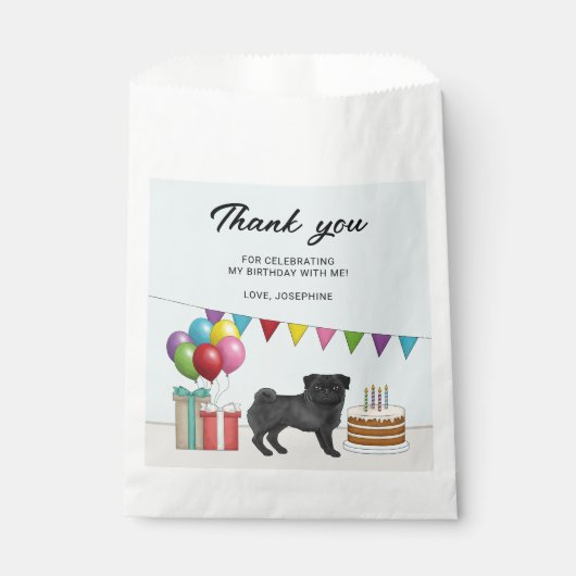 黒パグ かわいい カートゥーン 犬 誕生日 お礼 フェイバーバッグ (正面)