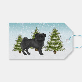 黒パグ かわいい カートゥーン 犬 雪の 森 ギフトタグ