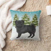 黒パグ かわいい カートゥーン 犬 雪の 森 クッション (ブランケット)