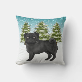 黒パグ かわいい カートゥーン 犬 雪の 森 クッション