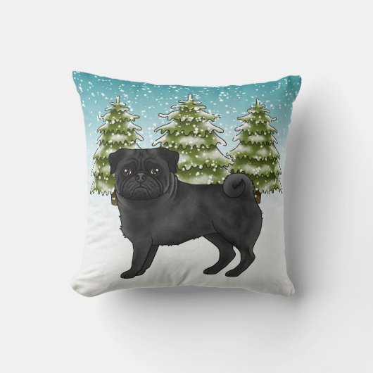 黒パグ かわいい カートゥーン 犬 雪の 森 クッション (正面)