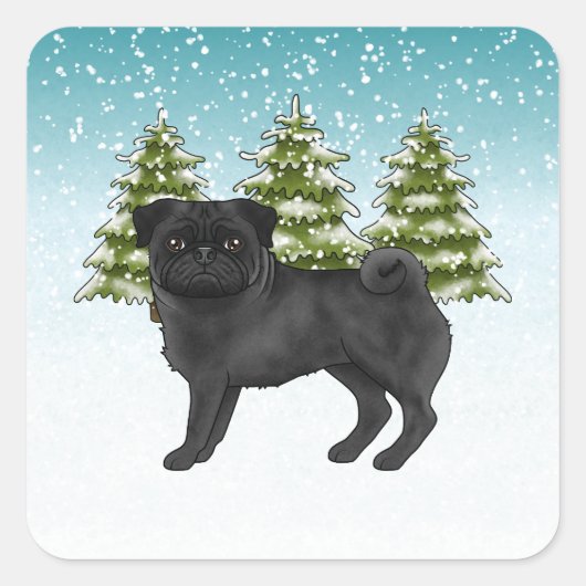 黒パグ かわいい カートゥーン 犬 雪の 森 スクエアシール (正面)