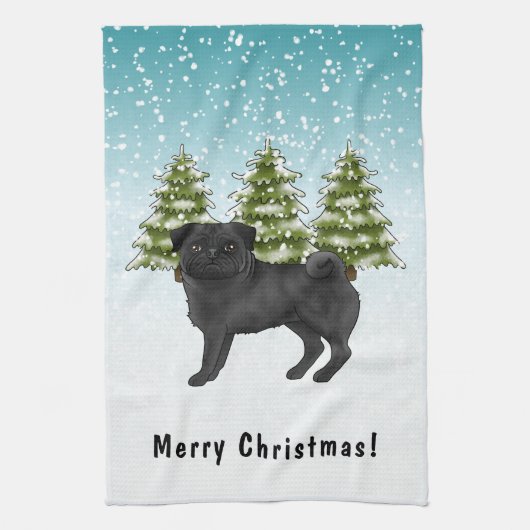 黒パグ かわいい カートゥーン 犬 雪の 森 冬 キッチンタオル (縦)