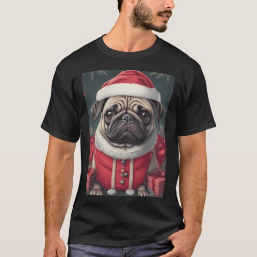 黒パグ クリスマス Tシャツ (正面)