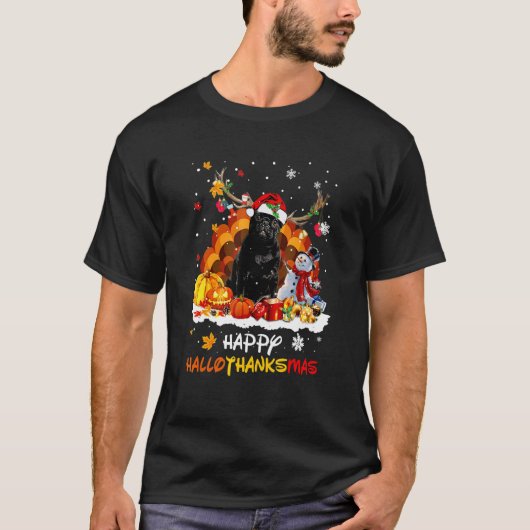 黒パグ ハッピー ハロサンキュー Tシャツ (正面)