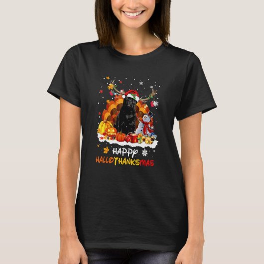 黒パグ ハッピー ハロサンクスマス Tシャツ (正面)