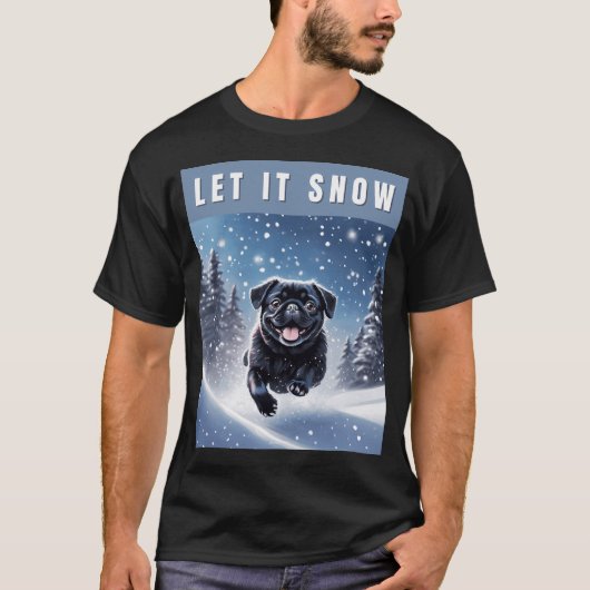 黒パグ 雪だるま Tシャツ (正面)
