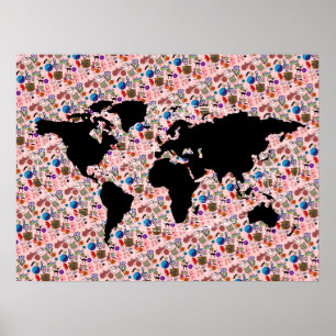 黒パターン(の模様が)ある世界地図 ポスター