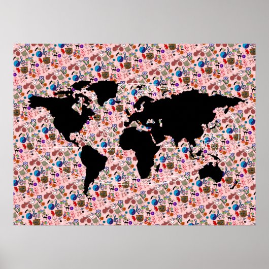 黒パターン(の模様が)ある世界地図 ポスター (正面)