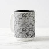 黒パーソナライズされたとグレーの花模様 ツートーンマグカップ (正面左)