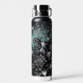黒パーソナライズされたとティール（緑がかった色）のグリッター花 ウォーターボトル (背面)