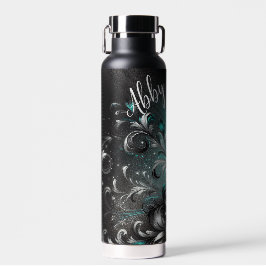 黒パーソナライズされたとティール（緑がかった色）のグリッター花 ウォーターボトル