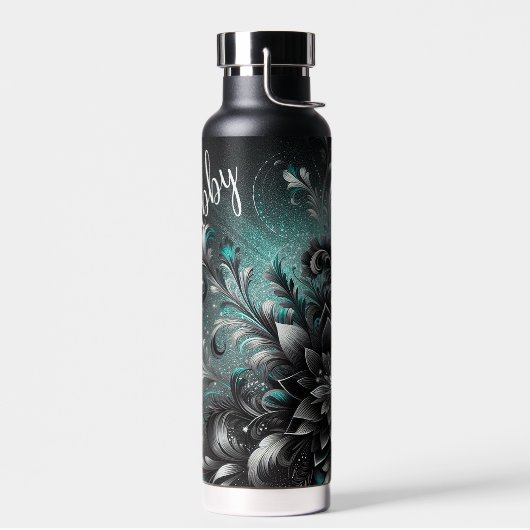 黒パーソナライズされたとティール（緑がかった色）のグリッター花 ウォーターボトル (左面)