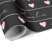 黒パーソナライズされたとピンクのハート ラッピングペーパー (ロールコーナー)