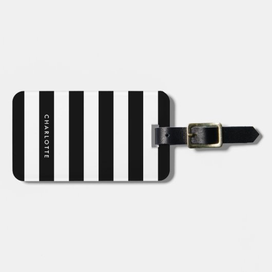 黒パーソナライズされたと白のストライプ ラゲッジタグ (正面横)