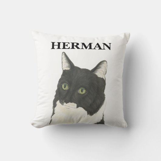黒パーソナライズされたと白のラガムフインタキシード猫 クッション (正面)