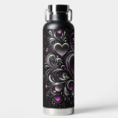 黒パーソナライズされたと紫のグリッターハート ウォーターボトル (正面)