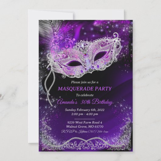 黒パーソナライズされたと紫の誕生日仮装 招待状 (正面)