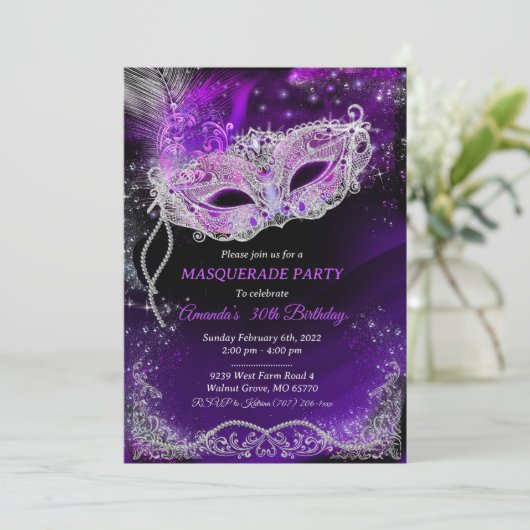 黒パーソナライズされたと紫の誕生日仮装 招待状 (スタンド正面)