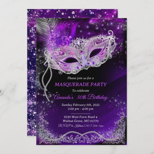 黒パーソナライズされたと紫の誕生日仮装 招待状 (正面/裏面)