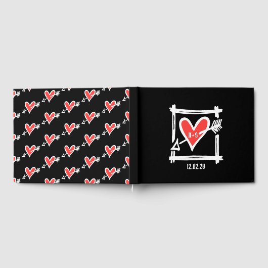 黒パーソナライズされたと赤の愛のハート結婚 ゲストブック (全面)