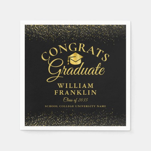 黒パーソナライズされたと金ゴールドのモダン卒業 スタンダードカクテルナプキン (正面)