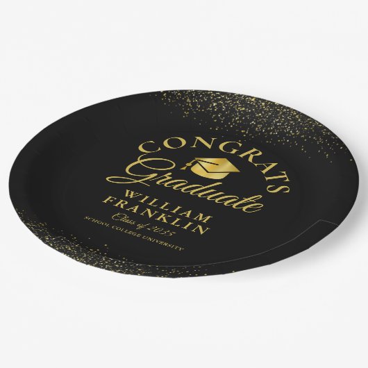 黒パーソナライズされたと金ゴールドのモダン卒業 ペーパープレート (アングル)